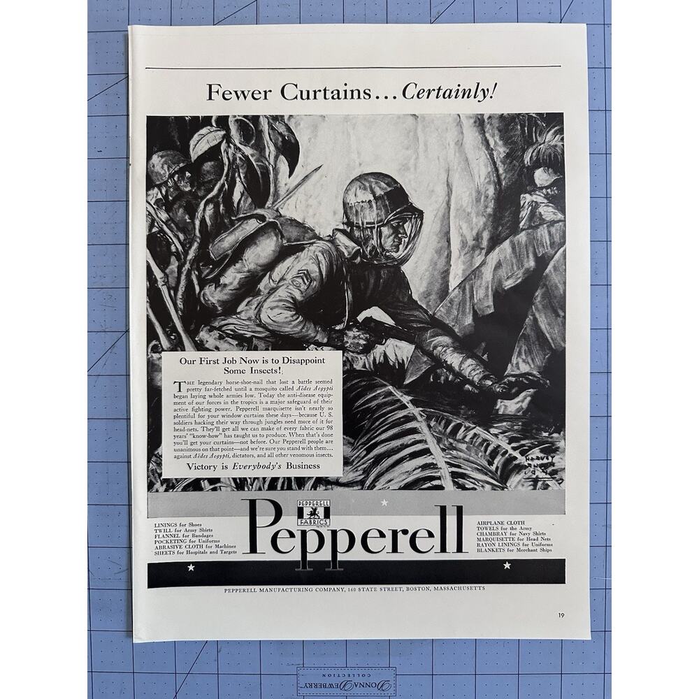 1942 Pepperell Print Ad World War II "Yes....Fewer Curtains!"